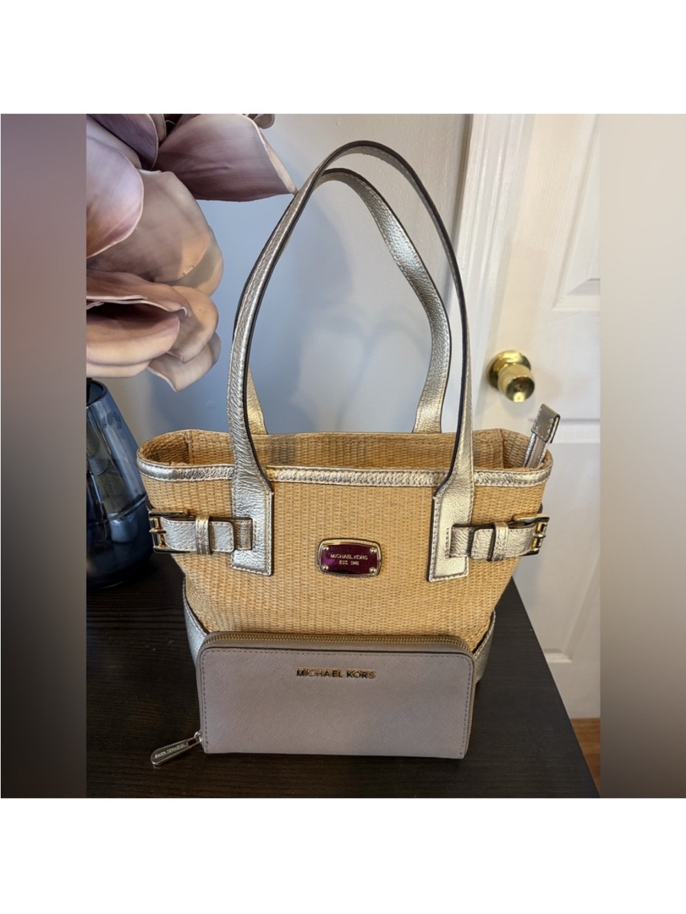 Michael Kors Straw Tote with Silver Leather Trim